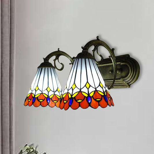 Tiffany Vintage Orange Wall Sconce Cone Shade 2 Lights Art Glass Wall Light for Bathroom Orange Clearhalo 'Industrial' 'Middle century wall lights' 'Tiffany wall lights' 'Tiffany' 'Wall Lamps & Sconces' 'Wall Lights' Lighting' 235208