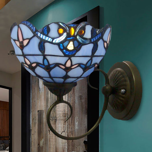 Bowl Wall Mount Light with Curved Arm 1 Light Stained Glass Victorian Sconce Light in Brown/Blue Blue Clearhalo 'Industrial' 'Middle century wall lights' 'Tiffany wall lights' 'Tiffany' 'Wall Lamps & Sconces' 'Wall Lights' Lighting' 235220