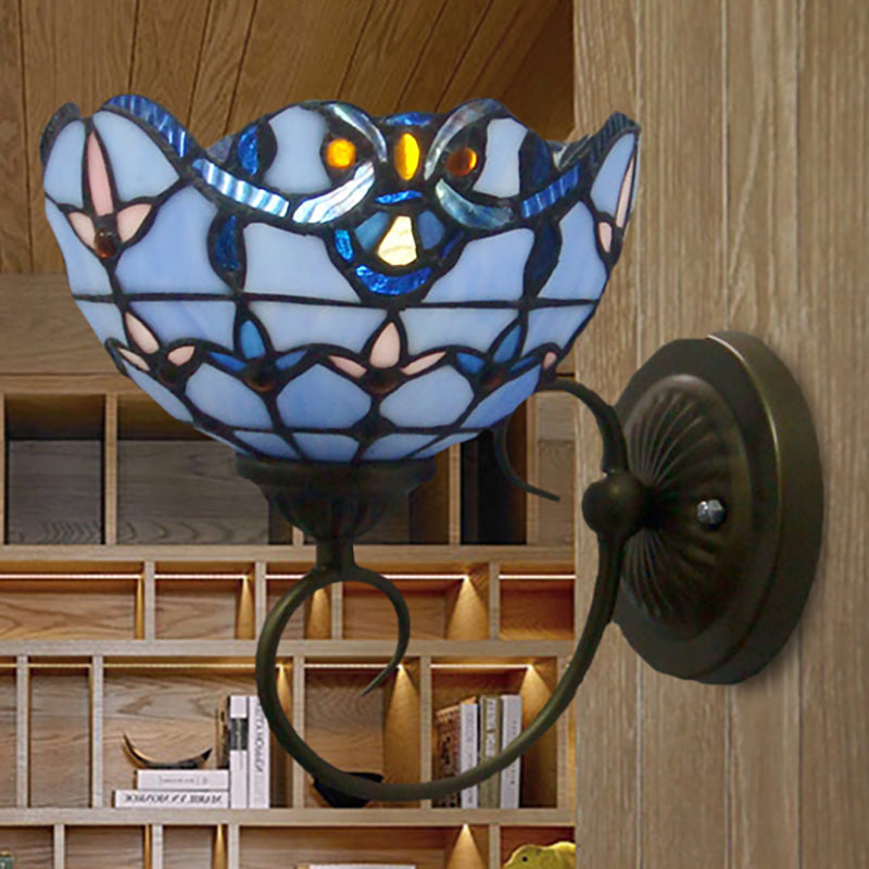 Bowl Wall Mount Light with Curved Arm 1 Light Stained Glass Victorian Sconce Light in Brown/Blue Clearhalo 'Industrial' 'Middle century wall lights' 'Tiffany wall lights' 'Tiffany' 'Wall Lamps & Sconces' 'Wall Lights' Lighting' 235221