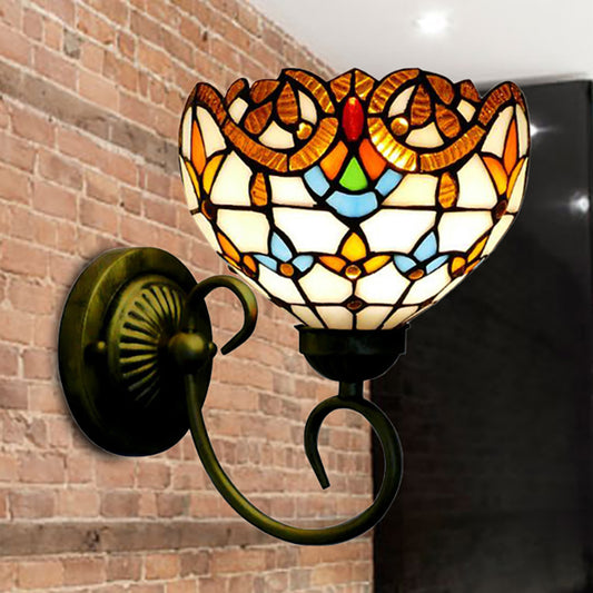 Bowl Wall Mount Light with Curved Arm 1 Light Stained Glass Victorian Sconce Light in Brown/Blue Brown Clearhalo 'Industrial' 'Middle century wall lights' 'Tiffany wall lights' 'Tiffany' 'Wall Lamps & Sconces' 'Wall Lights' Lighting' 235223