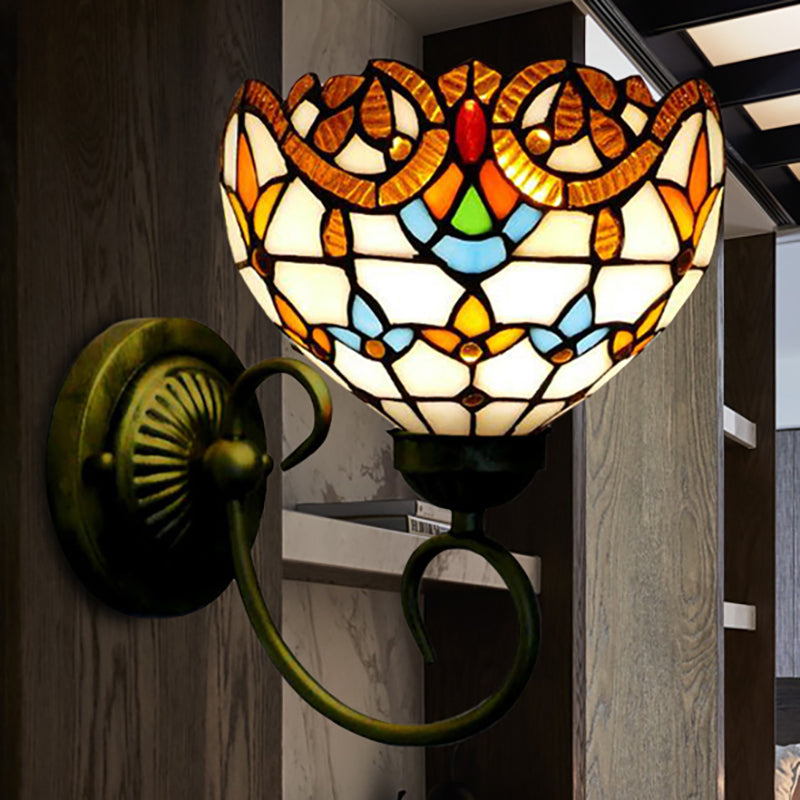 Bowl Wall Mount Light with Curved Arm 1 Light Stained Glass Victorian Sconce Light in Brown/Blue Clearhalo 'Industrial' 'Middle century wall lights' 'Tiffany wall lights' 'Tiffany' 'Wall Lamps & Sconces' 'Wall Lights' Lighting' 235224