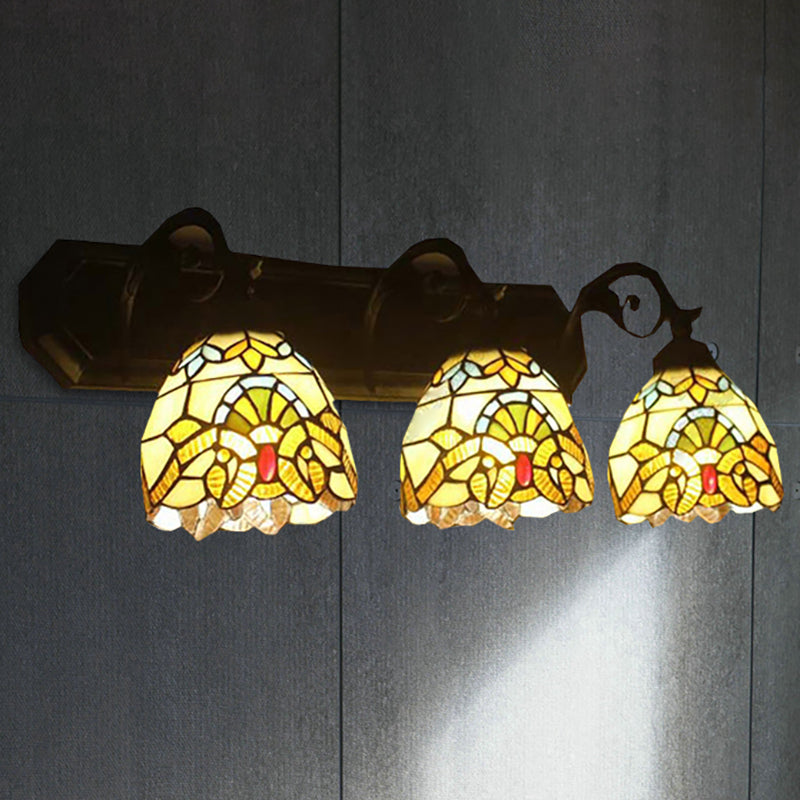 3 Lights Dome Wall Light Fixture with Mermaid/Arc Arm Baroque Style Stained Glass Wall Sconce Light in Brown Brown Arc Clearhalo 'Industrial' 'Middle century wall lights' 'Tiffany wall lights' 'Tiffany' 'Wall Lamps & Sconces' 'Wall Lights' Lighting' 235225