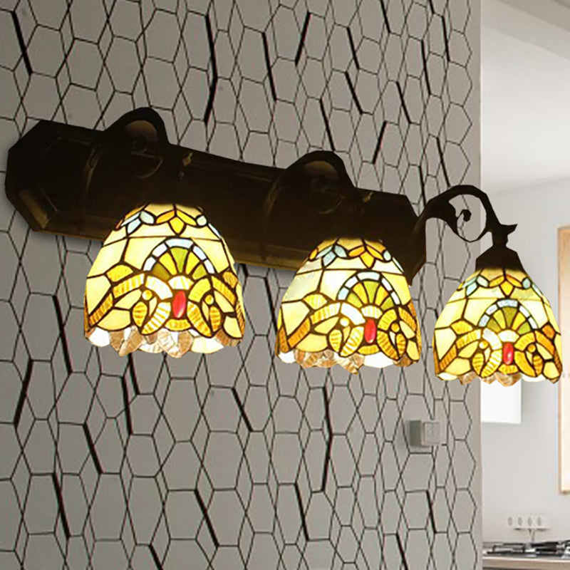 3 Lights Dome Wall Light Fixture with Mermaid/Arc Arm Baroque Style Stained Glass Wall Sconce Light in Brown Clearhalo 'Industrial' 'Middle century wall lights' 'Tiffany wall lights' 'Tiffany' 'Wall Lamps & Sconces' 'Wall Lights' Lighting' 235226