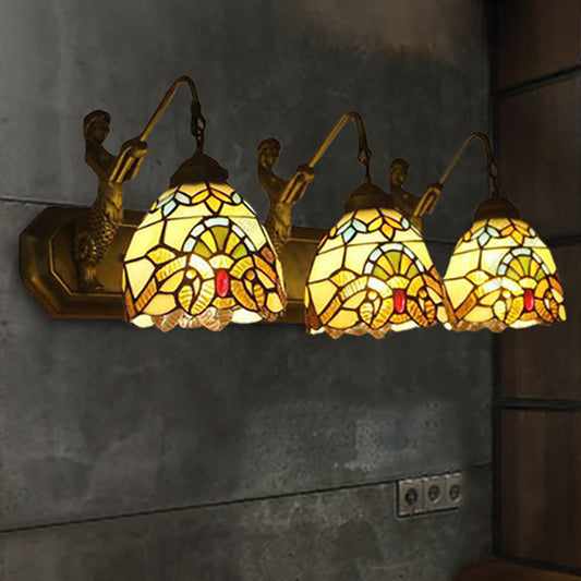 3 Lights Dome Wall Light Fixture with Mermaid/Arc Arm Baroque Style Stained Glass Wall Sconce Light in Brown Brown Mermaid Clearhalo 'Industrial' 'Middle century wall lights' 'Tiffany wall lights' 'Tiffany' 'Wall Lamps & Sconces' 'Wall Lights' Lighting' 235228