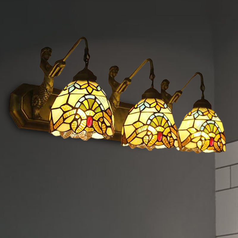 3 Lights Dome Wall Light Fixture with Mermaid/Arc Arm Baroque Style Stained Glass Wall Sconce Light in Brown Clearhalo 'Industrial' 'Middle century wall lights' 'Tiffany wall lights' 'Tiffany' 'Wall Lamps & Sconces' 'Wall Lights' Lighting' 235229