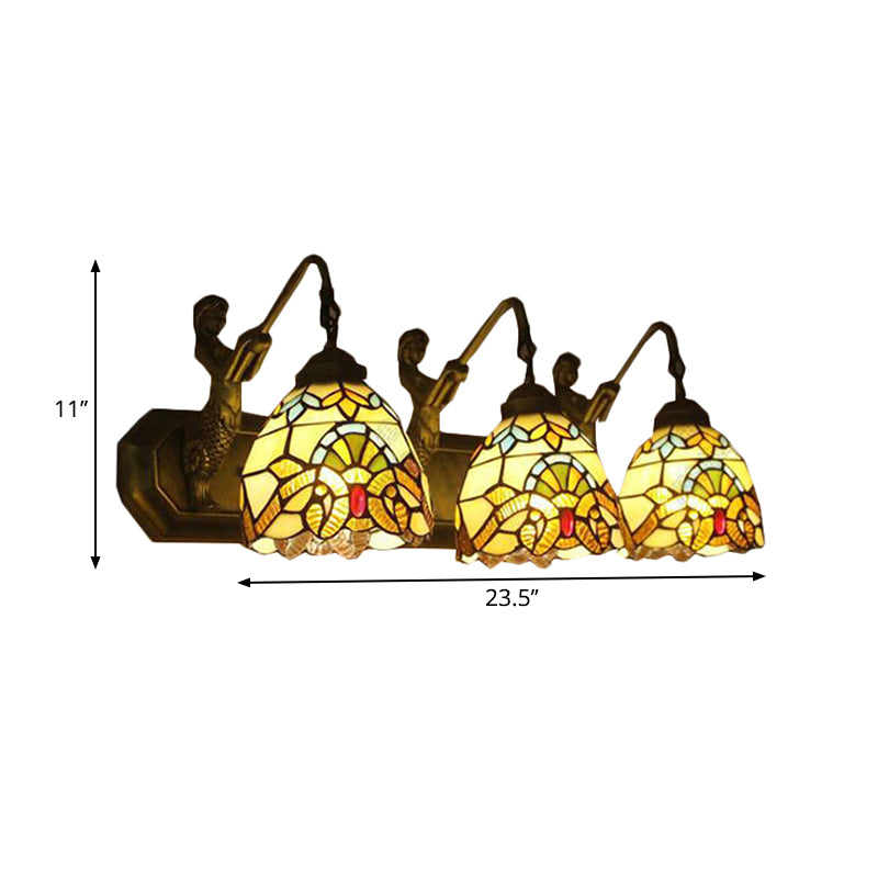 3 Lights Dome Wall Light Fixture with Mermaid/Arc Arm Baroque Style Stained Glass Wall Sconce Light in Brown Clearhalo 'Industrial' 'Middle century wall lights' 'Tiffany wall lights' 'Tiffany' 'Wall Lamps & Sconces' 'Wall Lights' Lighting' 235230