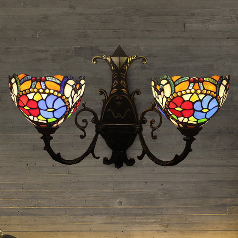 Victorian Flower Sconce Lighting 2 Lights Stained Glass Wall Lighting in Antique Bronze for Bedroom Antique Brass Clearhalo 'Industrial' 'Middle century wall lights' 'Tiffany wall lights' 'Tiffany' 'Wall Lamps & Sconces' 'Wall Lights' Lighting' 235231