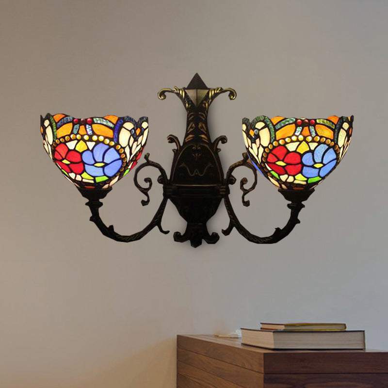 Victorian Flower Sconce Lighting 2 Lights Stained Glass Wall Lighting in Antique Bronze for Bedroom Clearhalo 'Industrial' 'Middle century wall lights' 'Tiffany wall lights' 'Tiffany' 'Wall Lamps & Sconces' 'Wall Lights' Lighting' 235232