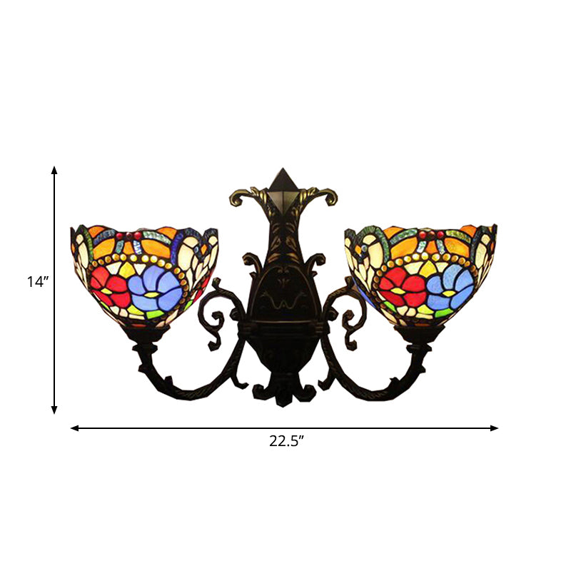 Victorian Flower Sconce Lighting 2 Lights Stained Glass Wall Lighting in Antique Bronze for Bedroom Clearhalo 'Industrial' 'Middle century wall lights' 'Tiffany wall lights' 'Tiffany' 'Wall Lamps & Sconces' 'Wall Lights' Lighting' 235233