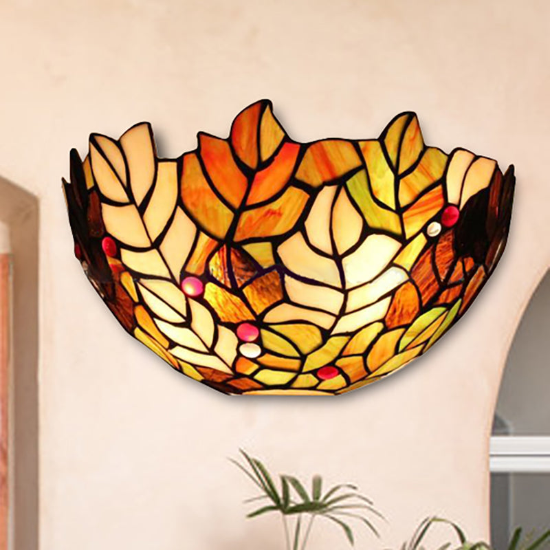 Leaf Wall Light with Stained Glass Bowl Shade 2 Bulbs Lodge Style Sconce Lighting Yellow Clearhalo 'Industrial' 'Middle century wall lights' 'Tiffany wall lights' 'Tiffany' 'Wall Lamps & Sconces' 'Wall Lights' Lighting' 235236