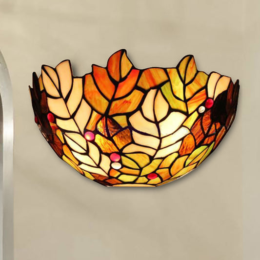 Leaf Wall Light with Stained Glass Bowl Shade 2 Bulbs Lodge Style Sconce Lighting Clearhalo 'Industrial' 'Middle century wall lights' 'Tiffany wall lights' 'Tiffany' 'Wall Lamps & Sconces' 'Wall Lights' Lighting' 235237