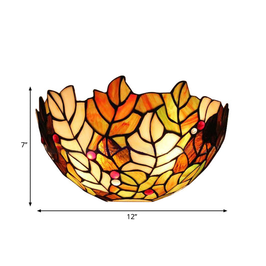 Leaf Wall Light with Stained Glass Bowl Shade 2 Bulbs Lodge Style Sconce Lighting Clearhalo 'Industrial' 'Middle century wall lights' 'Tiffany wall lights' 'Tiffany' 'Wall Lamps & Sconces' 'Wall Lights' Lighting' 235238
