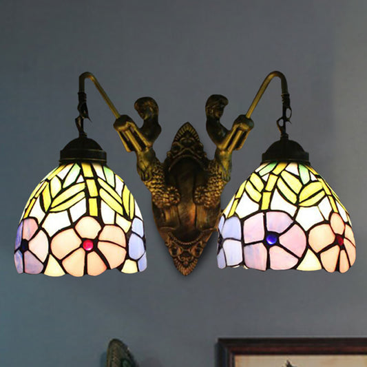 Tiffany Peony Sconce Light Fixture 2 Heads Stained Glass Wall Mounted Light in Brass Brass Clearhalo 'Industrial' 'Middle century wall lights' 'Tiffany wall lights' 'Tiffany' 'Wall Lamps & Sconces' 'Wall Lights' Lighting' 235239