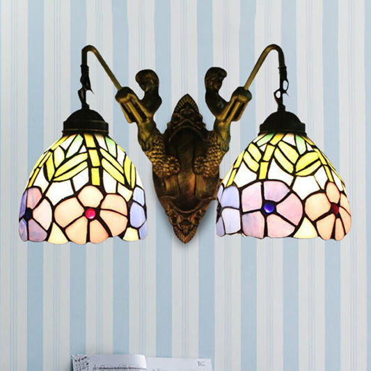 Tiffany Peony Sconce Light Fixture 2 Heads Stained Glass Wall Mounted Light in Brass Clearhalo 'Industrial' 'Middle century wall lights' 'Tiffany wall lights' 'Tiffany' 'Wall Lamps & Sconces' 'Wall Lights' Lighting' 235240