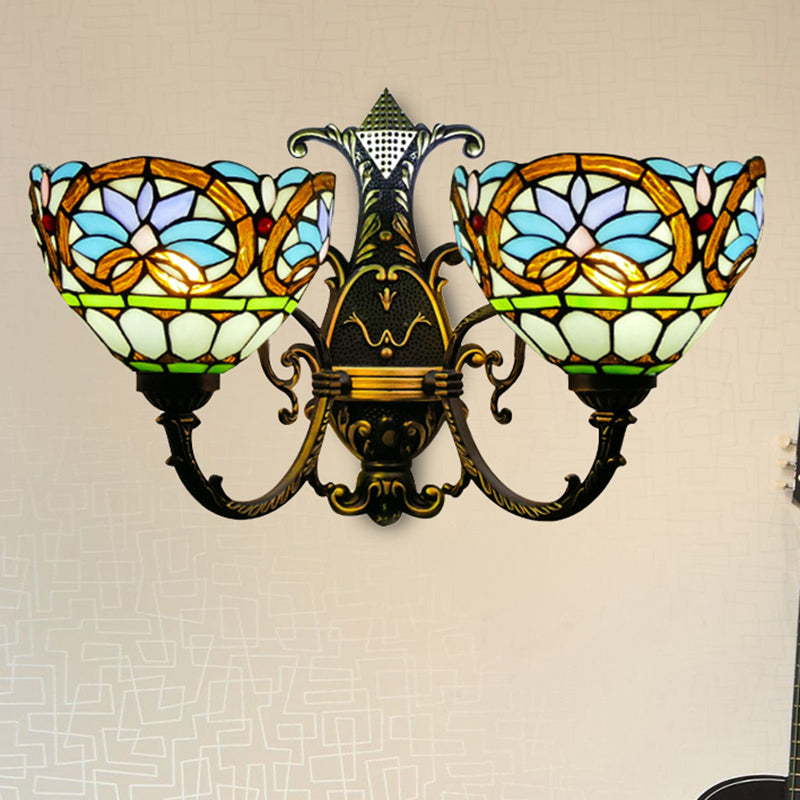 Stained Glass Bowl Sconce Lighting Victorian Style 2 Lights Wall Mount Light for Bedroom Antique Brass Clearhalo 'Industrial' 'Middle century wall lights' 'Tiffany wall lights' 'Tiffany' 'Wall Lamps & Sconces' 'Wall Lights' Lighting' 235242