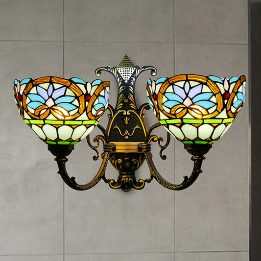 Stained Glass Bowl Sconce Lighting Victorian Style 2 Lights Wall Mount Light for Bedroom Clearhalo 'Industrial' 'Middle century wall lights' 'Tiffany wall lights' 'Tiffany' 'Wall Lamps & Sconces' 'Wall Lights' Lighting' 235243
