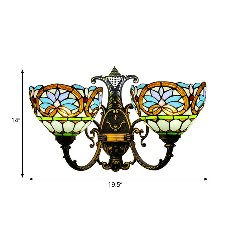 Stained Glass Bowl Sconce Lighting Victorian Style 2 Lights Wall Mount Light for Bedroom Clearhalo 'Industrial' 'Middle century wall lights' 'Tiffany wall lights' 'Tiffany' 'Wall Lamps & Sconces' 'Wall Lights' Lighting' 235244