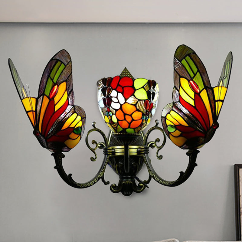 3-Light Butterfly Wall Light Tiffany Stained Glass Wall Sconce Lighting in Brass for Porch Brass Clearhalo 'Industrial' 'Middle century wall lights' 'Tiffany wall lights' 'Tiffany' 'Wall Lamps & Sconces' 'Wall Lights' Lighting' 235245
