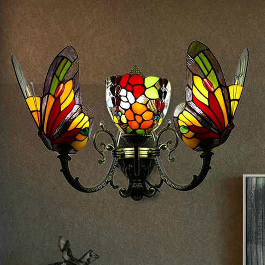 3-Light Butterfly Wall Light Tiffany Stained Glass Wall Sconce Lighting in Brass for Porch Clearhalo 'Industrial' 'Middle century wall lights' 'Tiffany wall lights' 'Tiffany' 'Wall Lamps & Sconces' 'Wall Lights' Lighting' 235246