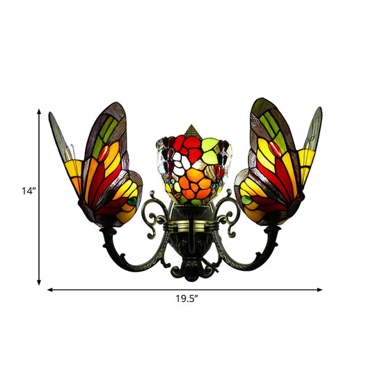 3-Light Butterfly Wall Light Tiffany Stained Glass Wall Sconce Lighting in Brass for Porch Clearhalo 'Industrial' 'Middle century wall lights' 'Tiffany wall lights' 'Tiffany' 'Wall Lamps & Sconces' 'Wall Lights' Lighting' 235247