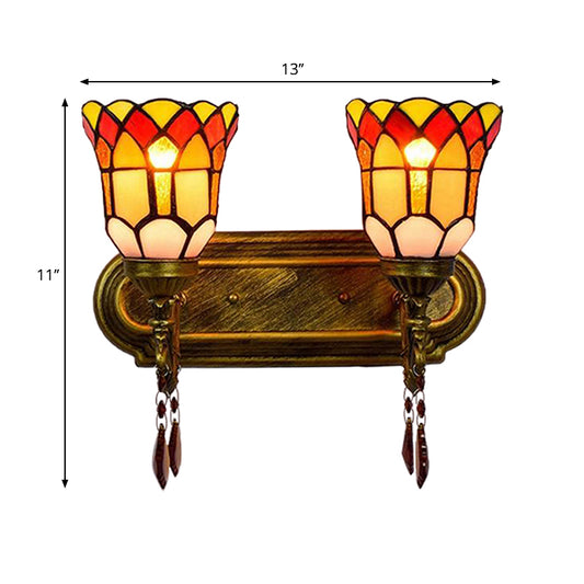 Stained Glass Bell Wall Mount Light with Crystal 2 Lights Rustic Lodge Wall Sconce in Brass Clearhalo 'Industrial' 'Middle century wall lights' 'Tiffany wall lights' 'Tiffany' 'Wall Lamps & Sconces' 'Wall Lights' Lighting' 235253