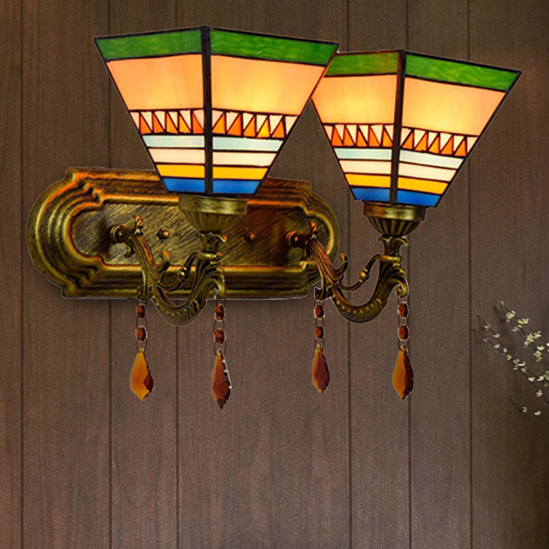 Mission Pyramid Wall Sconce Light Stained Glass 2 Heads Wall Light for Living Room Brass Clearhalo 'Industrial' 'Middle century wall lights' 'Tiffany wall lights' 'Tiffany' 'Wall Lamps & Sconces' 'Wall Lights' Lighting' 235254