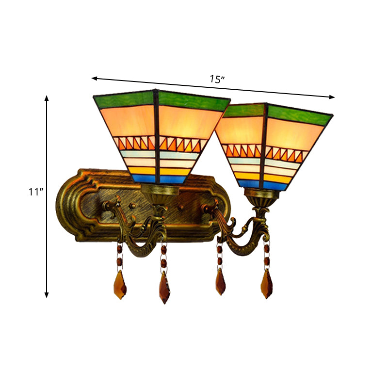 Mission Pyramid Wall Sconce Light Stained Glass 2 Heads Wall Light for Living Room Clearhalo 'Industrial' 'Middle century wall lights' 'Tiffany wall lights' 'Tiffany' 'Wall Lamps & Sconces' 'Wall Lights' Lighting' 235256