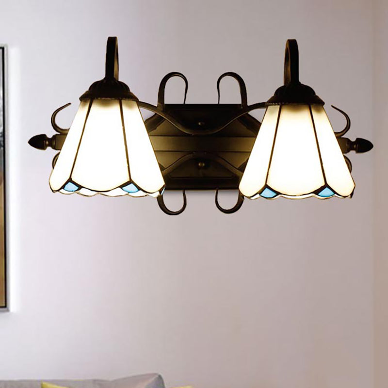 2 Lights Cone Sconce Lamp Retro Tiffany Stained Glass Wall Lighting in Beige/Blue for Living Room Clearhalo 'Industrial' 'Middle century wall lights' 'Tiffany wall lights' 'Tiffany' 'Wall Lamps & Sconces' 'Wall Lights' Lighting' 235264