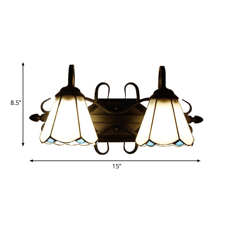 2 Lights Cone Sconce Lamp Retro Tiffany Stained Glass Wall Lighting in Beige/Blue for Living Room Clearhalo 'Industrial' 'Middle century wall lights' 'Tiffany wall lights' 'Tiffany' 'Wall Lamps & Sconces' 'Wall Lights' Lighting' 235265