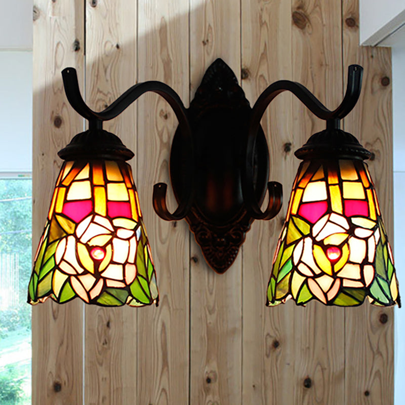 2 Heads Floral Wall Mount Light Fixture Victorian Black Stained Glass Sconce Lighting Clearhalo 'Cast Iron' 'Glass' 'Industrial' 'Middle century wall lights' 'Modern' 'Tiffany wall lights' 'Tiffany' 'Traditional wall lights' 'Wall Lamps & Sconces' 'Wall Lights' Lighting' 235274