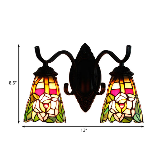 2 Heads Floral Wall Mount Light Fixture Victorian Black Stained Glass Sconce Lighting Clearhalo 'Cast Iron' 'Glass' 'Industrial' 'Middle century wall lights' 'Modern' 'Tiffany wall lights' 'Tiffany' 'Traditional wall lights' 'Wall Lamps & Sconces' 'Wall Lights' Lighting' 235275