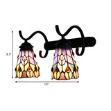 2 Heads Cone Wall Mount Light with Peacock Tail/Flower Stained Glass Rustic Wall Sconce Lamp with Linear Backplate in Black Clearhalo 'Industrial' 'Middle century wall lights' 'Tiffany wall lights' 'Tiffany' 'Wall Lamps & Sconces' 'Wall Lights' Lighting' 235278
