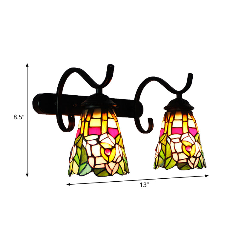 2 Heads Cone Wall Mount Light with Peacock Tail/Flower Stained Glass Rustic Wall Sconce Lamp with Linear Backplate in Black Clearhalo 'Industrial' 'Middle century wall lights' 'Tiffany wall lights' 'Tiffany' 'Wall Lamps & Sconces' 'Wall Lights' Lighting' 235281