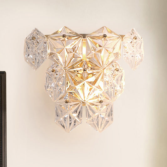 Clear Crystal Hexagon Wall Light Modern Style 8.5"/12.5" W 2 Lights Brass Finish Wall Sconce Light for Living Room Brass 12.5" Clearhalo 'Modern wall lights' 'Modern' 'Wall Lamps & Sconces' 'Wall Lights' Lighting' 235296