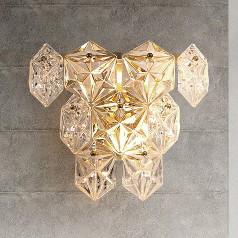 Clear Crystal Hexagon Wall Light Modern Style 8.5"/12.5" W 2 Lights Brass Finish Wall Sconce Light for Living Room - Clearhalo - 'Modern wall lights' - 'Modern' - 'Wall Lamps & Sconces' - 'Wall Lights' - Lighting' - 235297