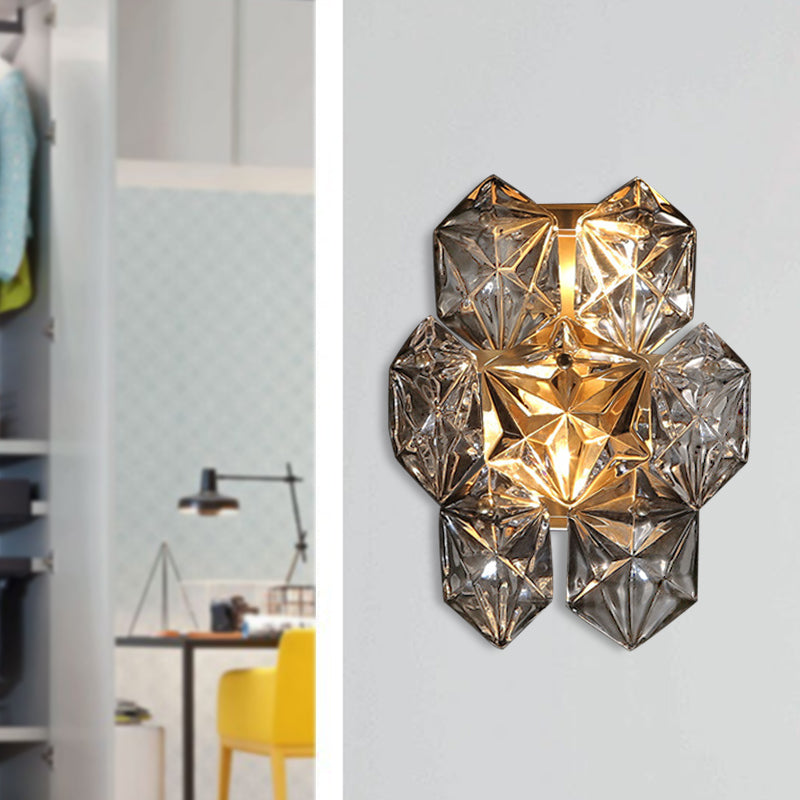 Clear Crystal Hexagon Wall Light Modern Style 8.5"/12.5" W 2 Lights Brass Finish Wall Sconce Light for Living Room - Clearhalo - 'Modern wall lights' - 'Modern' - 'Wall Lamps & Sconces' - 'Wall Lights' - Lighting' - 235298