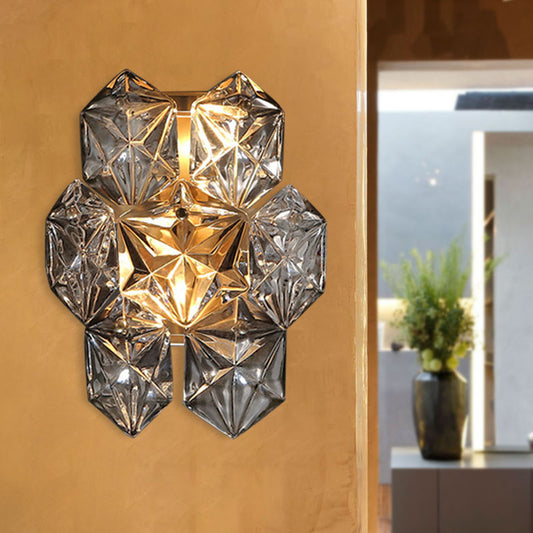 Clear Crystal Hexagon Wall Light Modern Style 8.5"/12.5" W 2 Lights Brass Finish Wall Sconce Light for Living Room Brass 8.5" Clearhalo 'Modern wall lights' 'Modern' 'Wall Lamps & Sconces' 'Wall Lights' Lighting' 235299