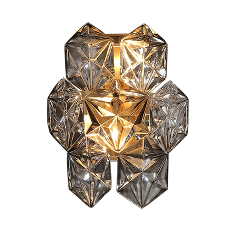 Clear Crystal Hexagon Wall Light Modern Style 8.5"/12.5" W 2 Lights Brass Finish Wall Sconce Light for Living Room - Clearhalo - 'Modern wall lights' - 'Modern' - 'Wall Lamps & Sconces' - 'Wall Lights' - Lighting' - 235300