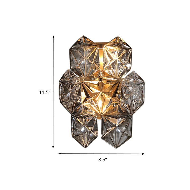 Clear Crystal Hexagon Wall Light Modern Style 8.5"/12.5" W 2 Lights Brass Finish Wall Sconce Light for Living Room Clearhalo 'Modern wall lights' 'Modern' 'Wall Lamps & Sconces' 'Wall Lights' Lighting' 235301