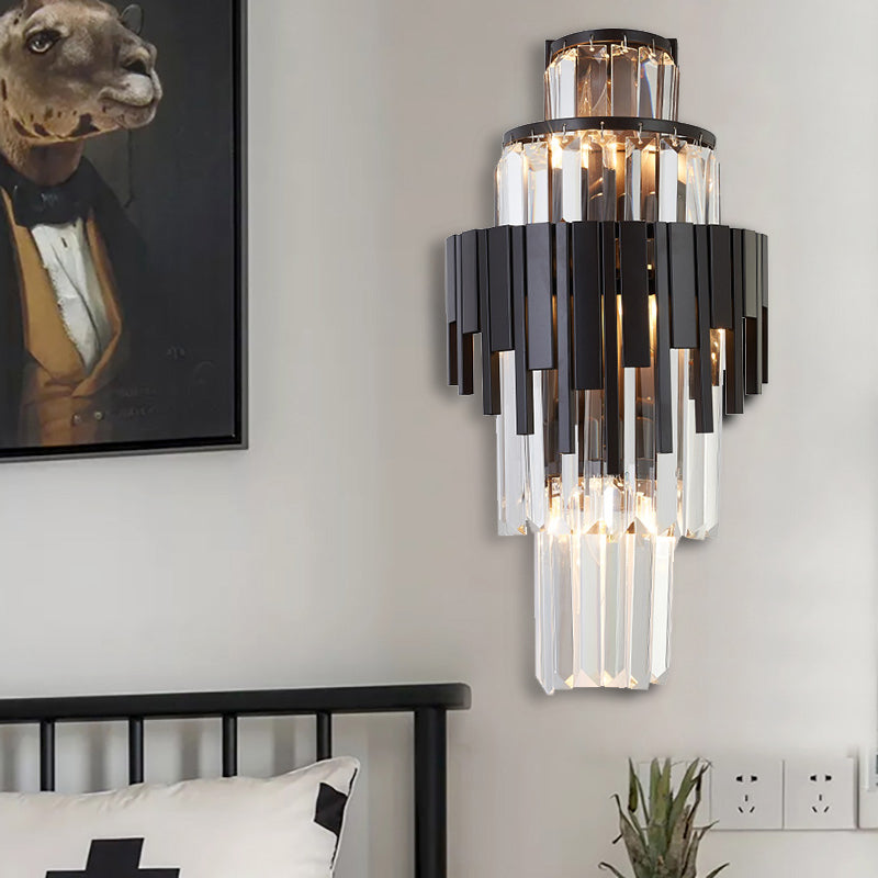 Tiered Sconce Lighting Fixture Modern Style Clear Crystal and Metal 3 Heads Black Wall Lamp, 14"/19.5" Height Black 19.5" Clearhalo 'Modern wall lights' 'Modern' 'Wall Lamps & Sconces' 'Wall Lights' Lighting' 235304