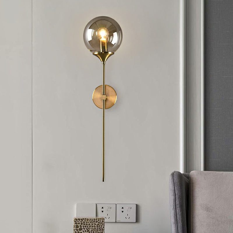 Glass Global Wall Mount Lamp Post-Modern Single Brass Wall Sconce Light with Pencil Arm Clearhalo 'Cast Iron' 'Glass' 'Industrial' 'Modern wall lights' 'Modern' 'Tiffany' 'Traditional wall lights' 'Wall Lamps & Sconces' 'Wall Lights' Lighting' 2353408