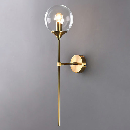 Glass Global Wall Mount Lamp Post-Modern Single Brass Wall Sconce Light with Pencil Arm Clear Clearhalo 'Cast Iron' 'Glass' 'Industrial' 'Modern wall lights' 'Modern' 'Tiffany' 'Traditional wall lights' 'Wall Lamps & Sconces' 'Wall Lights' Lighting' 2353410