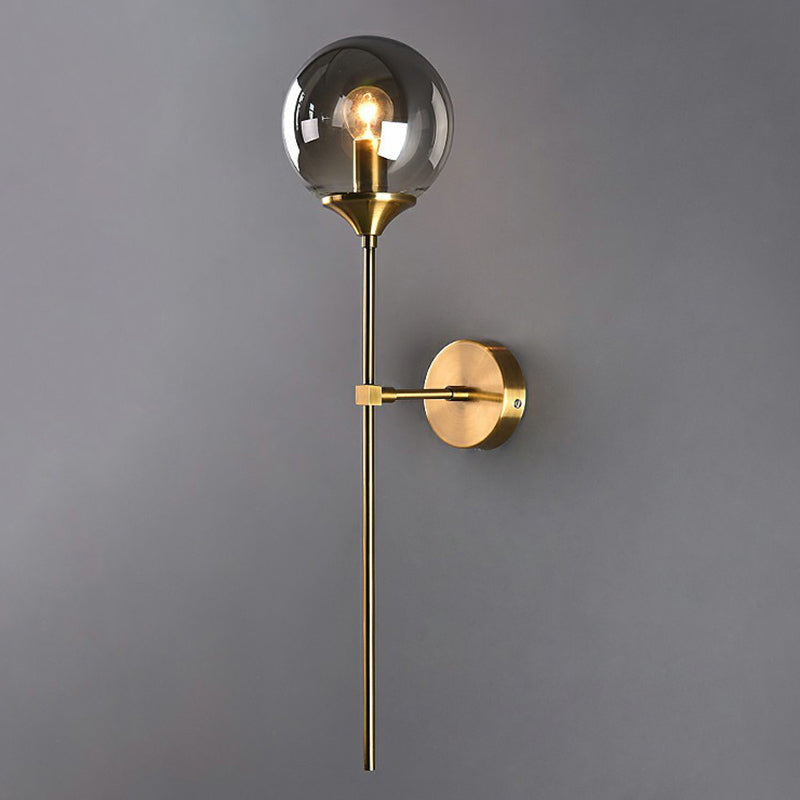 Glass Global Wall Mount Lamp Post-Modern Single Brass Wall Sconce Light with Pencil Arm Smoke Gray Clearhalo 'Cast Iron' 'Glass' 'Industrial' 'Modern wall lights' 'Modern' 'Tiffany' 'Traditional wall lights' 'Wall Lamps & Sconces' 'Wall Lights' Lighting' 2353412