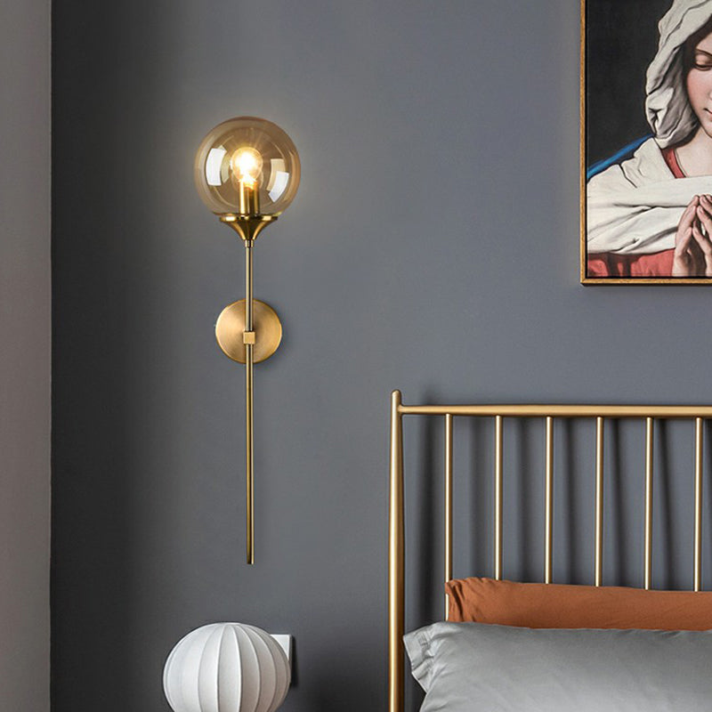 Glass Global Wall Mount Lamp Post-Modern Single Brass Wall Sconce Light with Pencil Arm Clearhalo 'Cast Iron' 'Glass' 'Industrial' 'Modern wall lights' 'Modern' 'Tiffany' 'Traditional wall lights' 'Wall Lamps & Sconces' 'Wall Lights' Lighting' 2353414