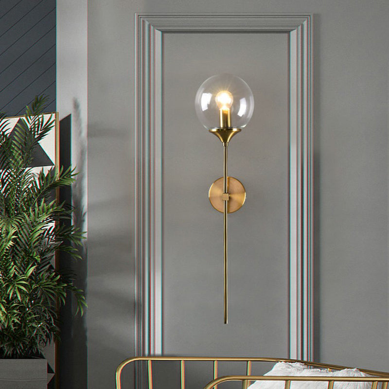 Glass Global Wall Mount Lamp Post-Modern Single Brass Wall Sconce Light with Pencil Arm Clearhalo 'Cast Iron' 'Glass' 'Industrial' 'Modern wall lights' 'Modern' 'Tiffany' 'Traditional wall lights' 'Wall Lamps & Sconces' 'Wall Lights' Lighting' 2353415