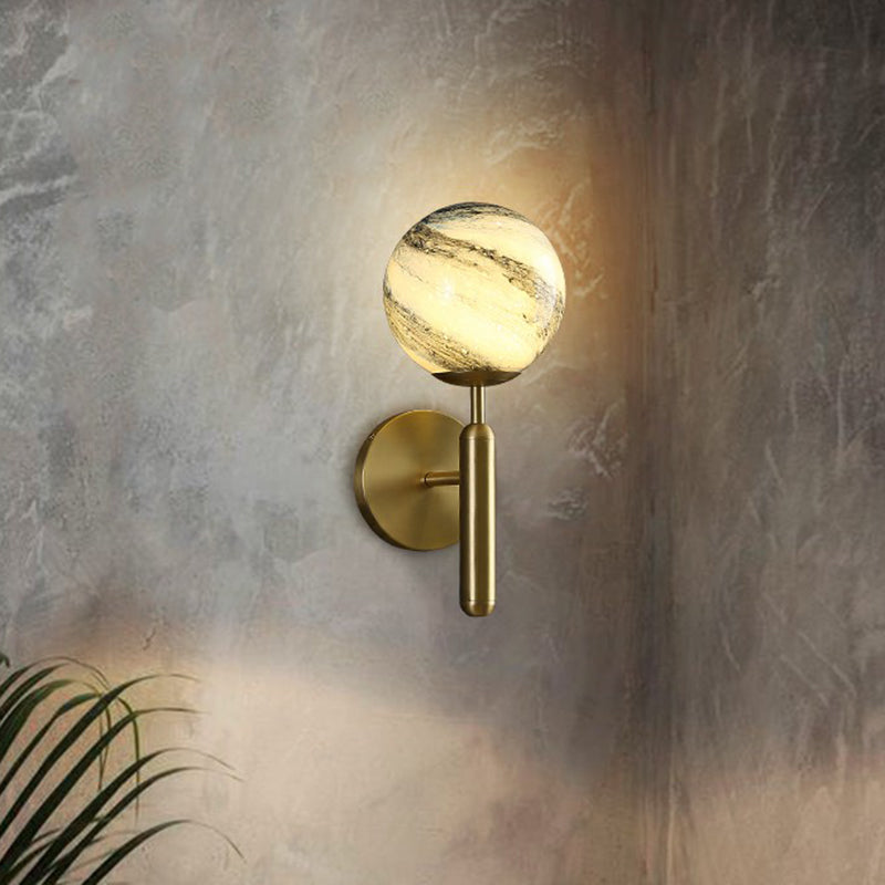Glass Ball Shaped Wall Mount Light Postmodern 1 Head Brass Finish Sconce Lamp for Living Room Clearhalo 'Cast Iron' 'Glass' 'Industrial' 'Modern wall lights' 'Modern' 'Tiffany' 'Traditional wall lights' 'Wall Lamps & Sconces' 'Wall Lights' Lighting' 2353422