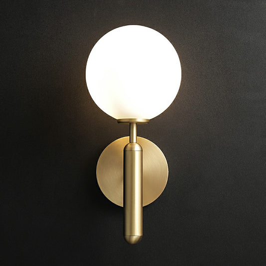 Glass Ball Shaped Wall Mount Light Postmodern 1 Head Brass Finish Sconce Lamp for Living Room Clearhalo 'Cast Iron' 'Glass' 'Industrial' 'Modern wall lights' 'Modern' 'Tiffany' 'Traditional wall lights' 'Wall Lamps & Sconces' 'Wall Lights' Lighting' 2353427