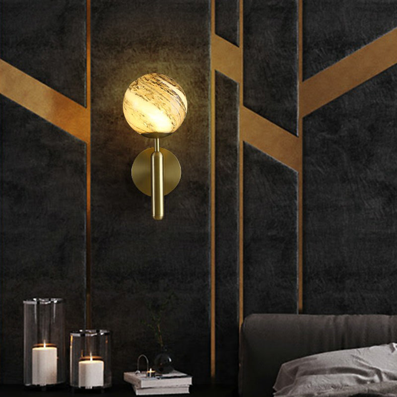 Glass Ball Shaped Wall Mount Light Postmodern 1 Head Brass Finish Sconce Lamp for Living Room Clearhalo 'Cast Iron' 'Glass' 'Industrial' 'Modern wall lights' 'Modern' 'Tiffany' 'Traditional wall lights' 'Wall Lamps & Sconces' 'Wall Lights' Lighting' 2353430