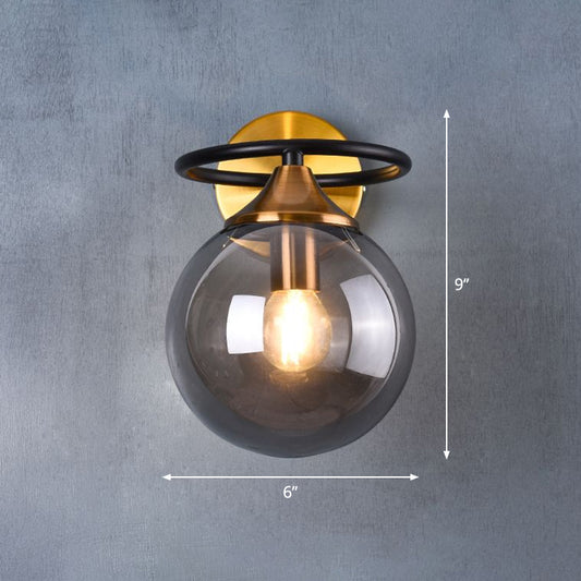 Postmodern Style Ball Wall Light Fixture Glass 1-Light Bedroom Wall Sconce Light in Brass Smoke Gray Clearhalo 'Cast Iron' 'Glass' 'Industrial' 'Modern wall lights' 'Modern' 'Tiffany' 'Traditional wall lights' 'Wall Lamps & Sconces' 'Wall Lights' Lighting' 2353441