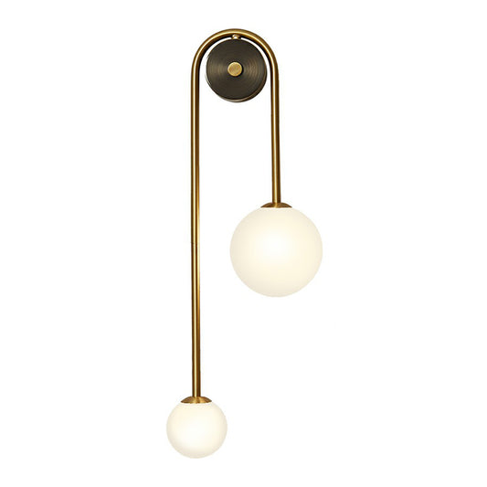 Brass Arc Wall Lighting Postmodern 2-Head Metal Sconce Light with Ball Opal Glass Shade Clearhalo 'Cast Iron' 'Glass' 'Industrial' 'Modern wall lights' 'Modern' 'Tiffany' 'Traditional wall lights' 'Wall Lamps & Sconces' 'Wall Lights' Lighting' 2353450